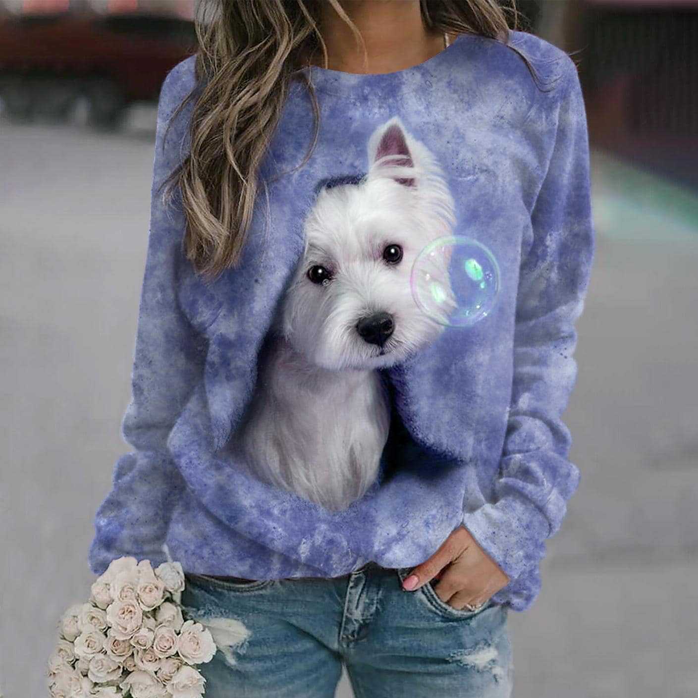Women's 3D Digital Print Round Neck Fashion Sweater
