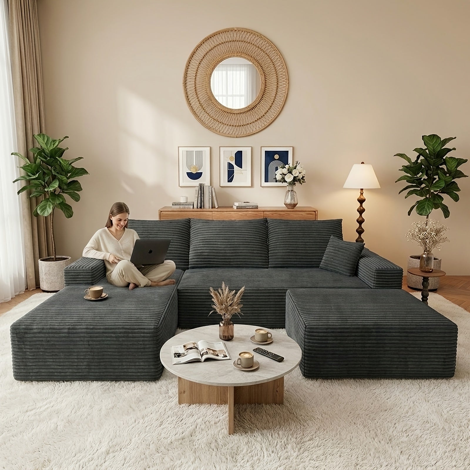 Modular L-shaped chaise longue sofa bed with deep seat and corduroy upholstery