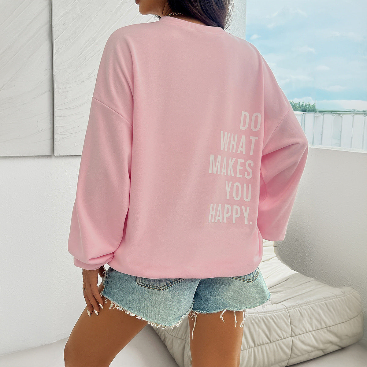 Cozy Pink Letter Print Long-Sleeve Casual Sweater