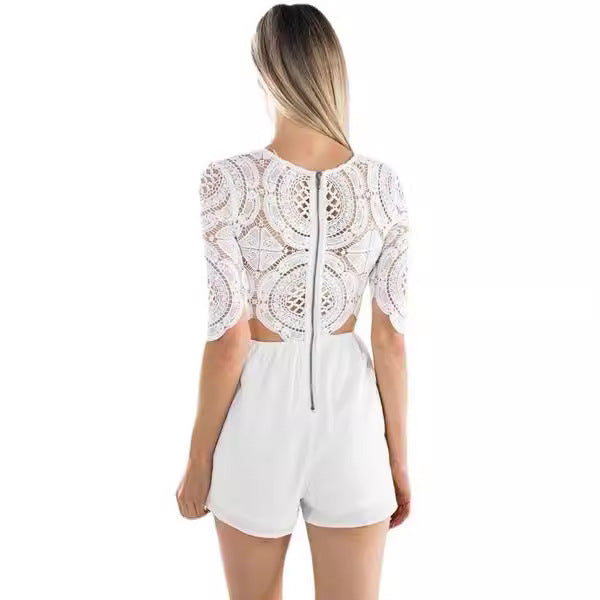 Floral Lace Cotton Hollow-out Patchwork Jumpsuit