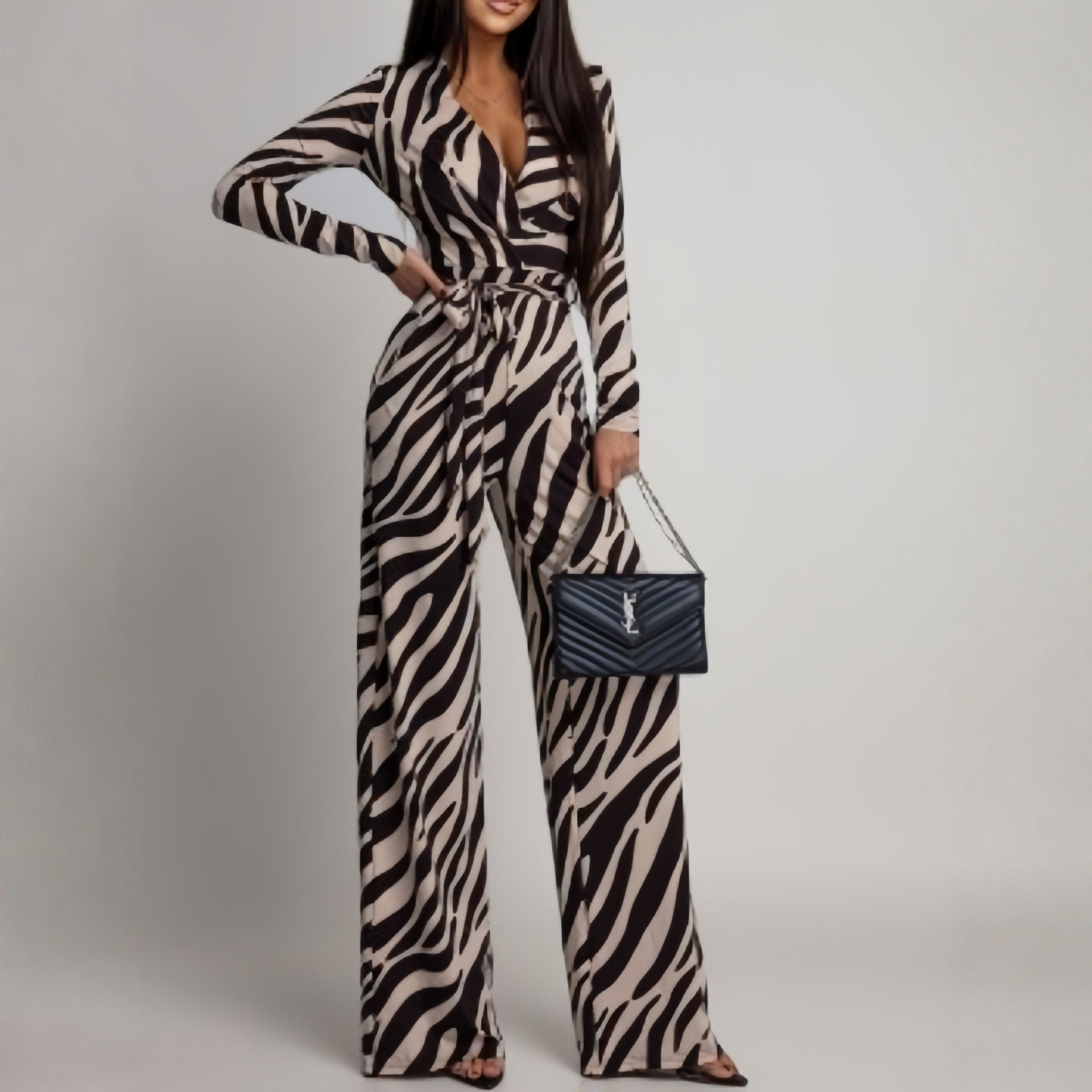 Zebra-Print V-Neck Long-Sleeve Jumpsuit European And American Fashion Style