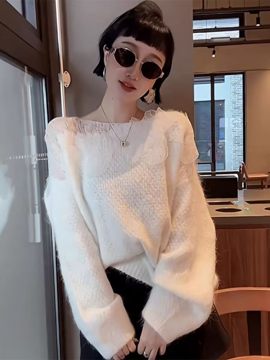 Womens Designer Lace-panel Hollow-out Sweater