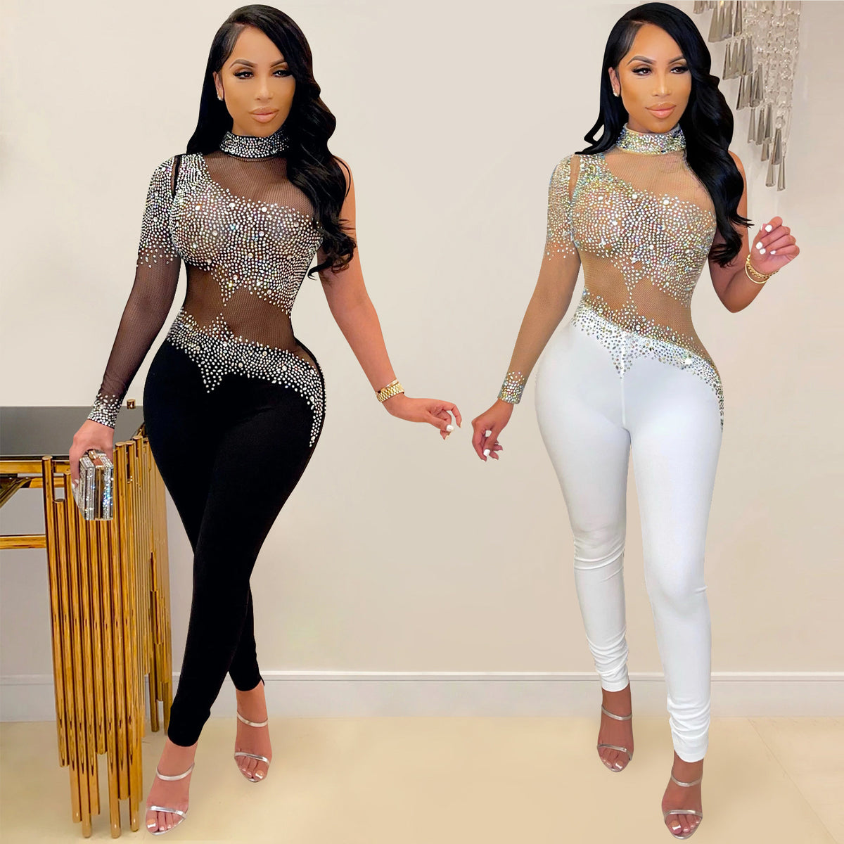 Rhinestone One-Shoulder Mesh Jumpsuit