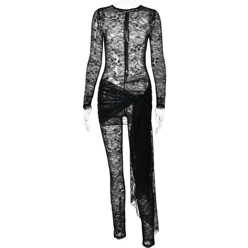 Chic Lace-Up Mesh Sheer Jumpsuit