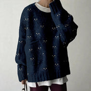 Cozy Sweater with a Cute Cat-face Pattern and Large Pockets