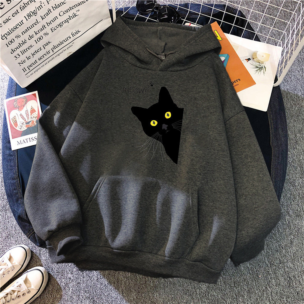 Plus Size Black Cat Fleece Hooded Sweatshirt