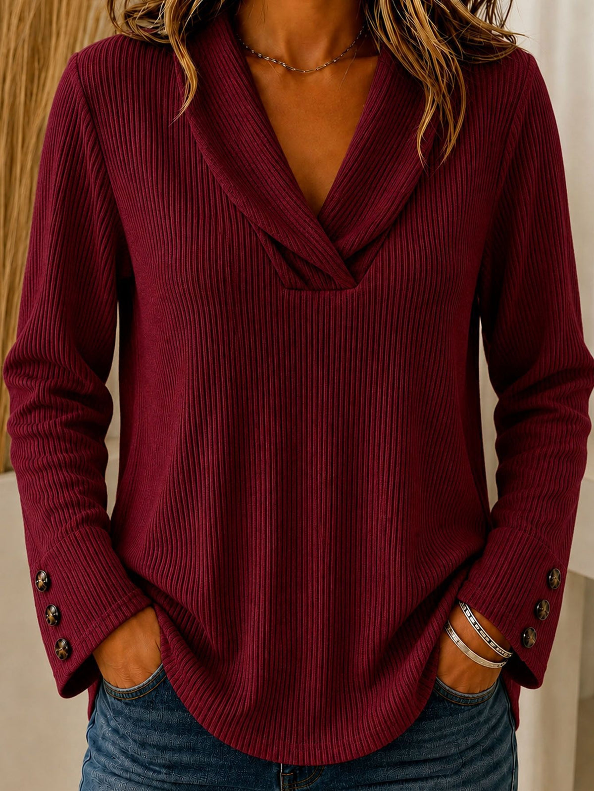 Fashionable Womens Solid-color Crew-neck Casual Sweater