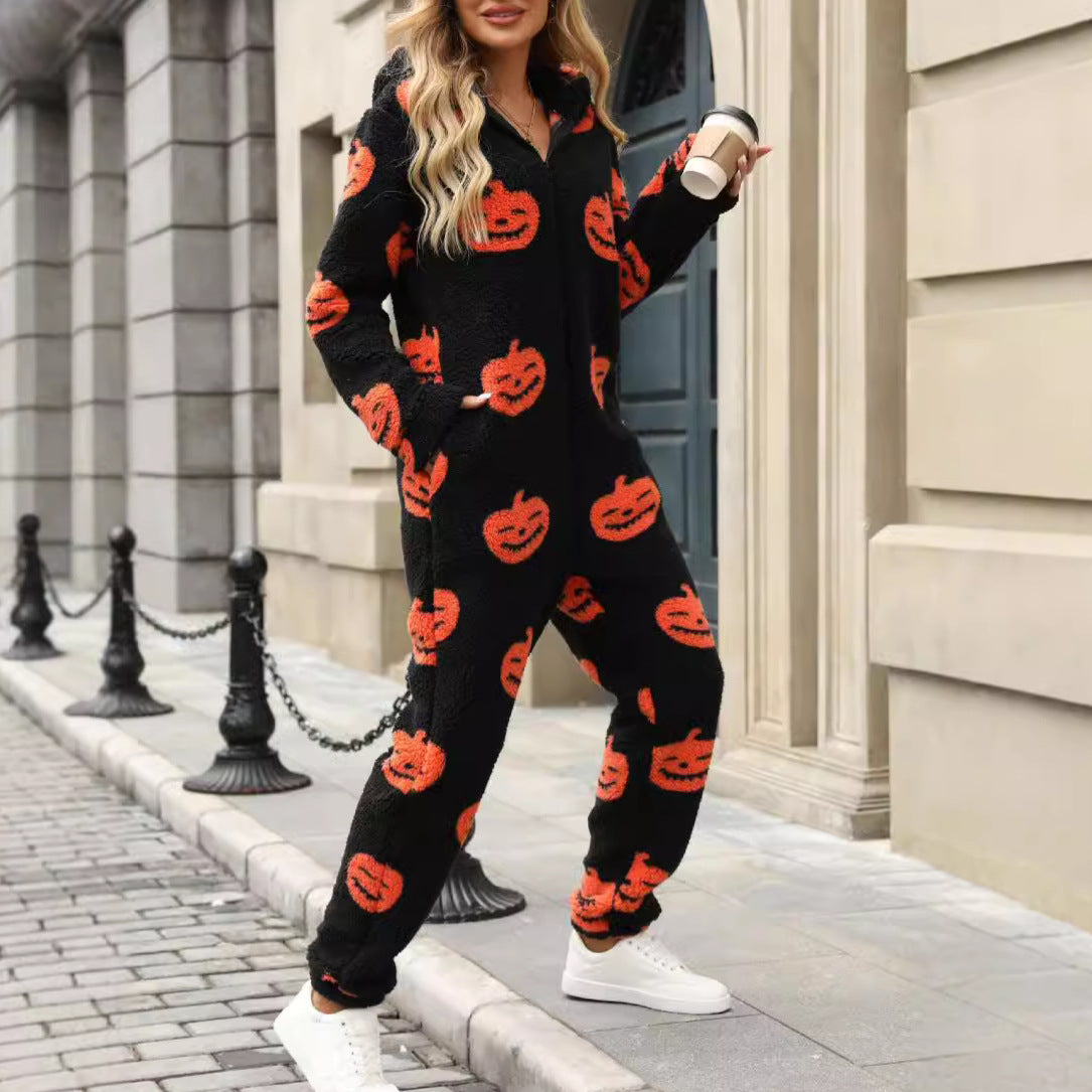 Halloween Pumpkin Print Zip Plush Jumpsuit