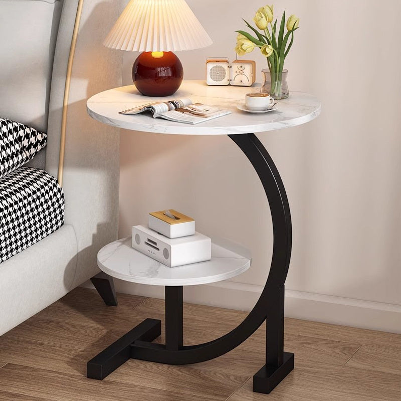 Modern Luxury Wrought Iron & Wood Hybrid Side Table with Marble-Like White Top - Space-Saving Sofa/Bedside Coffee Table with Storage Shelf, Black Metal Frame & MDF Base, Easy Assembly for Small Spa...