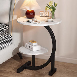 Modern Luxury Wrought Iron & Wood Hybrid Side Table with Marble-Like White Top - Space-Saving Sofa/Bedside Coffee Table with Storage Shelf, Black Metal Frame & MDF Base, Easy Assembly for Small Spa...