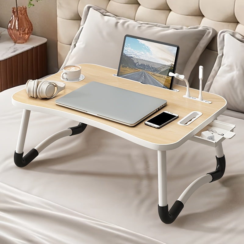 Multifunctional Leg Rest Table With Cup Holder And Drawer, USB, Fan, Light - Portable Foldable Tray For Laptop, Breakfast In Bed, Reading And Writing On Sofa/Couch, Laptop Desk On Bed, School Supplies