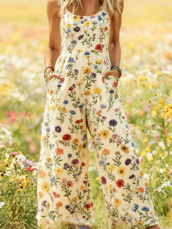Women's American Retro Print Strappy Wide-Leg Jumpsuit