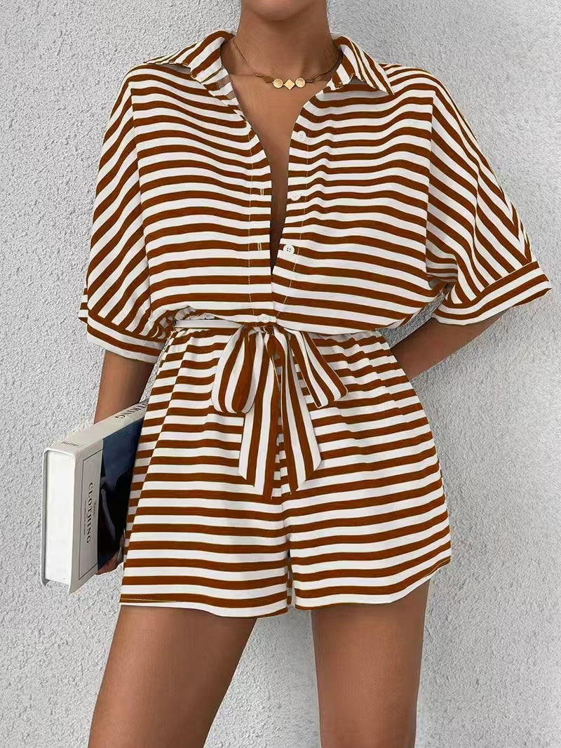 Summer Striped Lapel Belted Jumpsuit