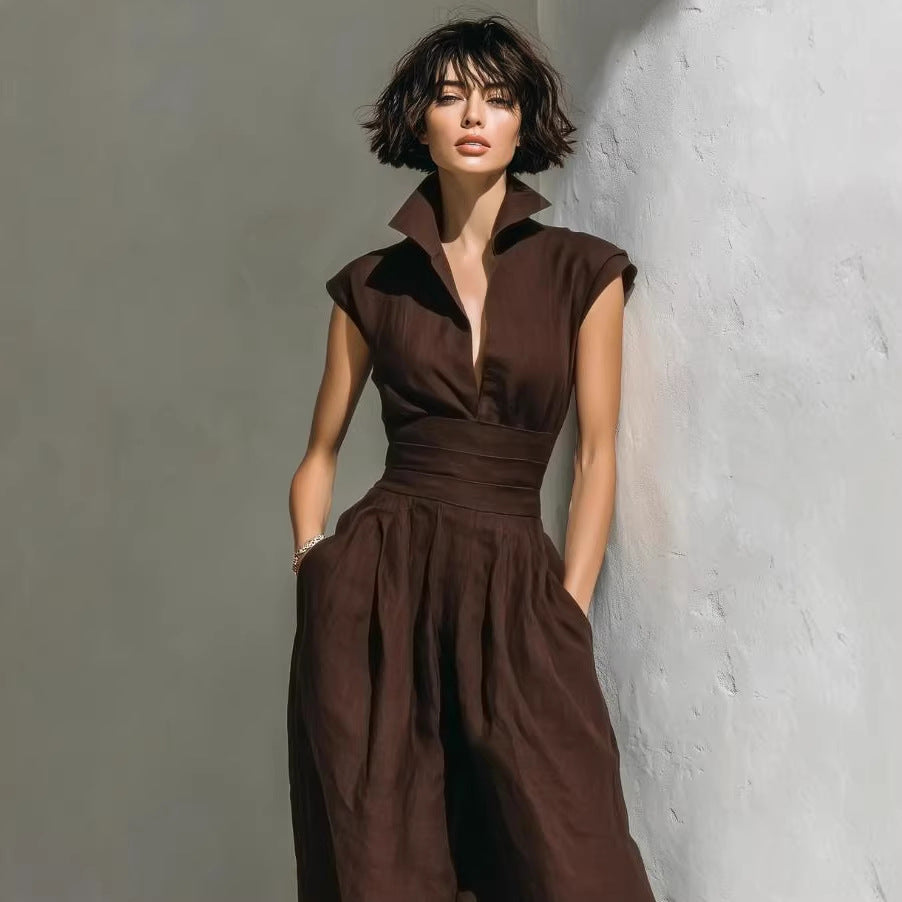 Elegant Pleated Waist-Cinching Solid Women's Jumpsuit