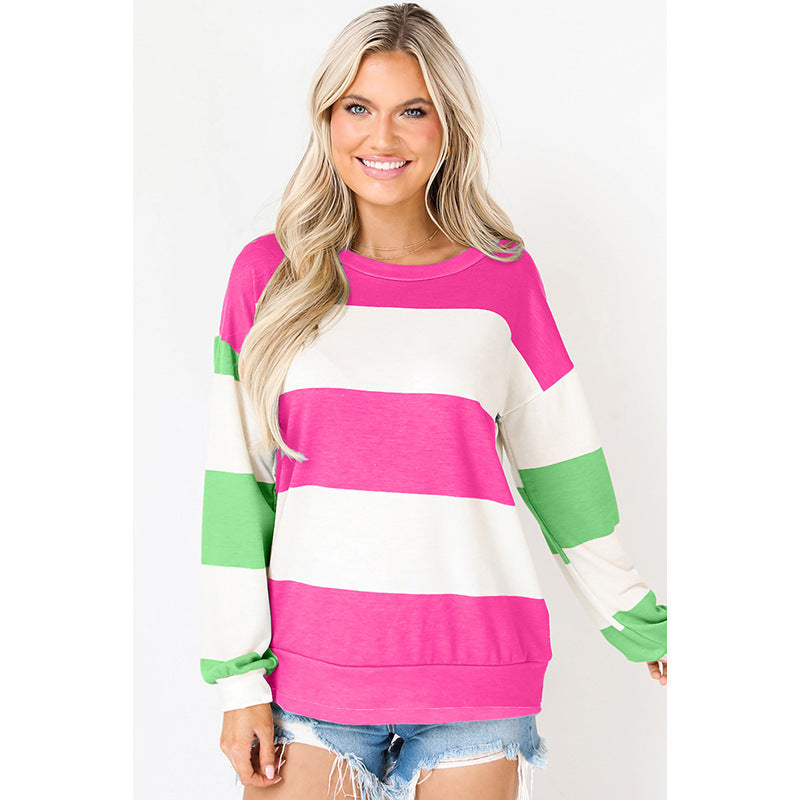 Colorblock Striped Drop-Shoulder Pullover Sweatshirt