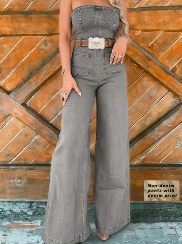 Denim Print Wide-Leg Tube Jumpsuit