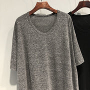 Loose V-Neck Mid-Length Short Sleeve Top – Elegant Solid Color