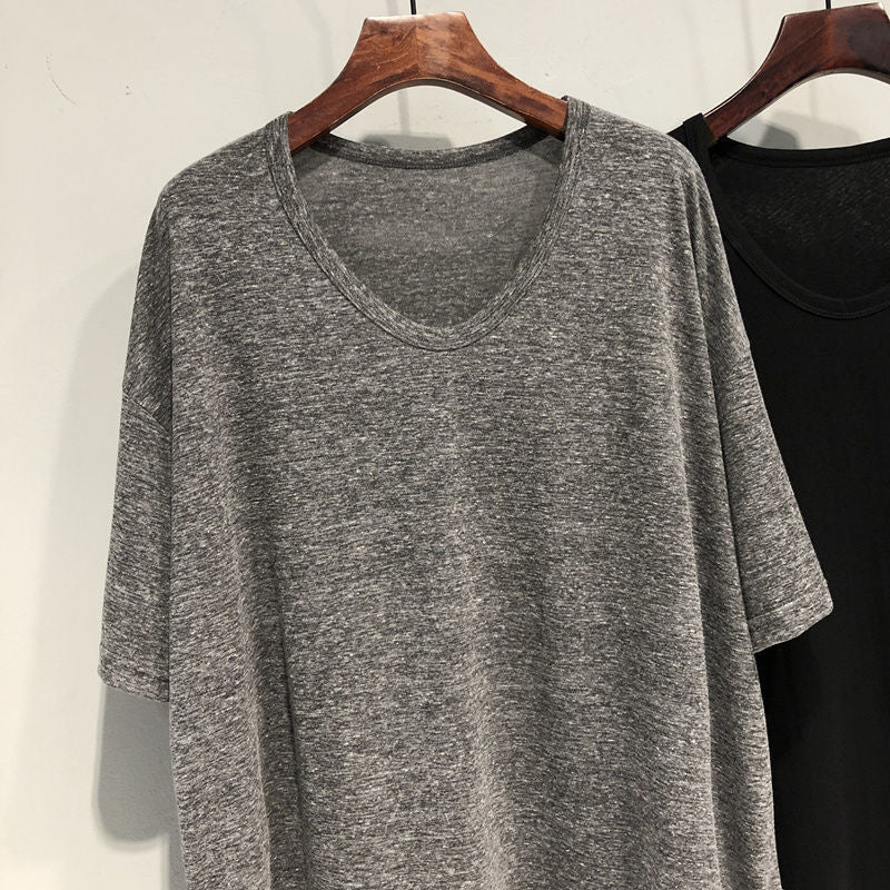 Loose V-Neck Mid-Length Short Sleeve Top – Elegant Solid Color