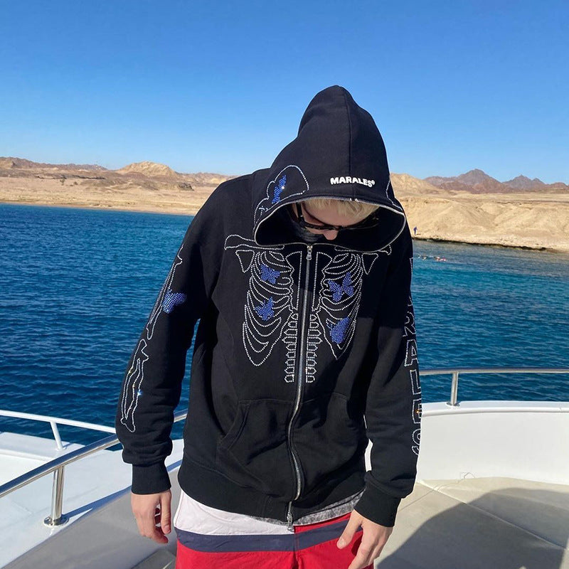 Unisex Printed Rhinestone Zip-Up Hooded Cardigan