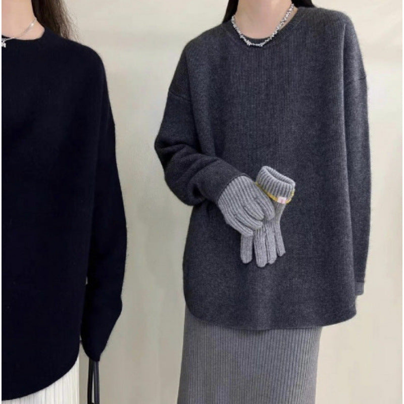 Womens Solid-color Loose-fitting Mid-length Sweater
