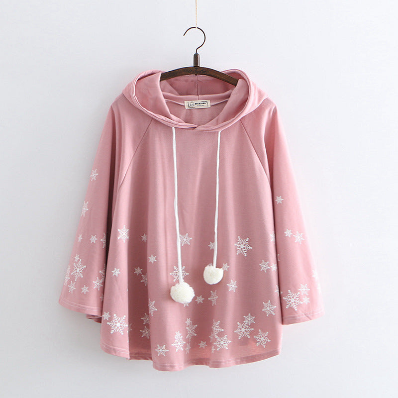 Cute Snowflake Print Hoodie Sweet Japanese College Pullover