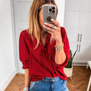 Women's Solid-color V-neck Long-sleeve Chiffon Blouse With Bow Tie Straps