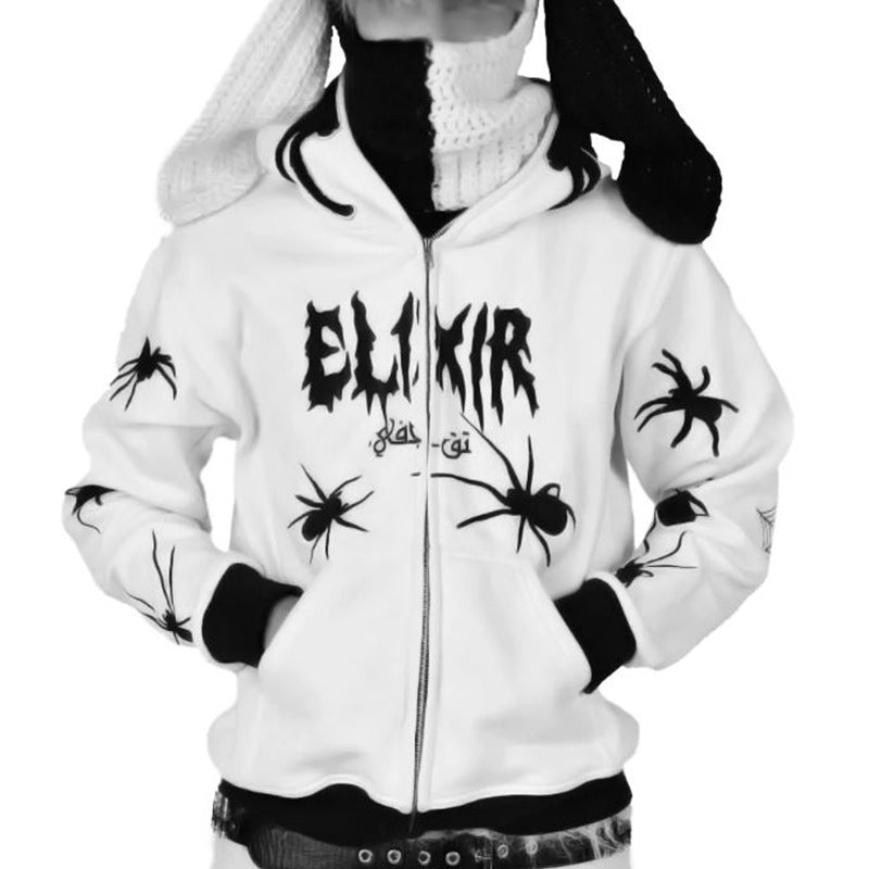 Rhinestone Spider Zip-Up Cardigan Jacket