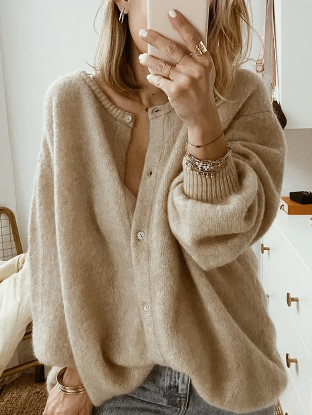 Oversized Crew Neck Button Knit Cardigan Women Soft Puff Sleeve Sweater Coat