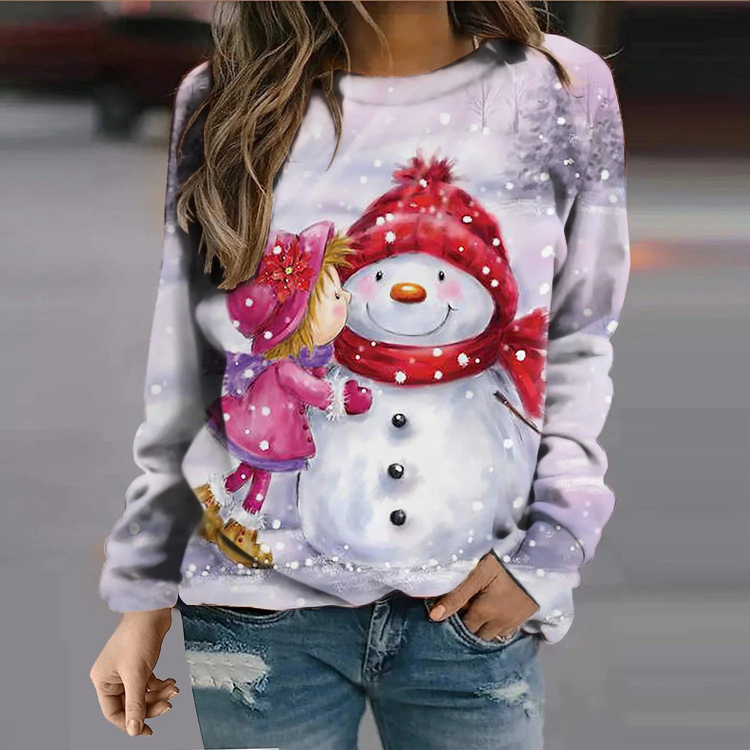 Festive Snowman Print Crew Neck Sweatshirt