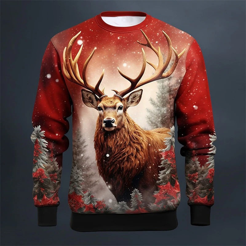Festive Christmas Elk Print Crewneck Sweater