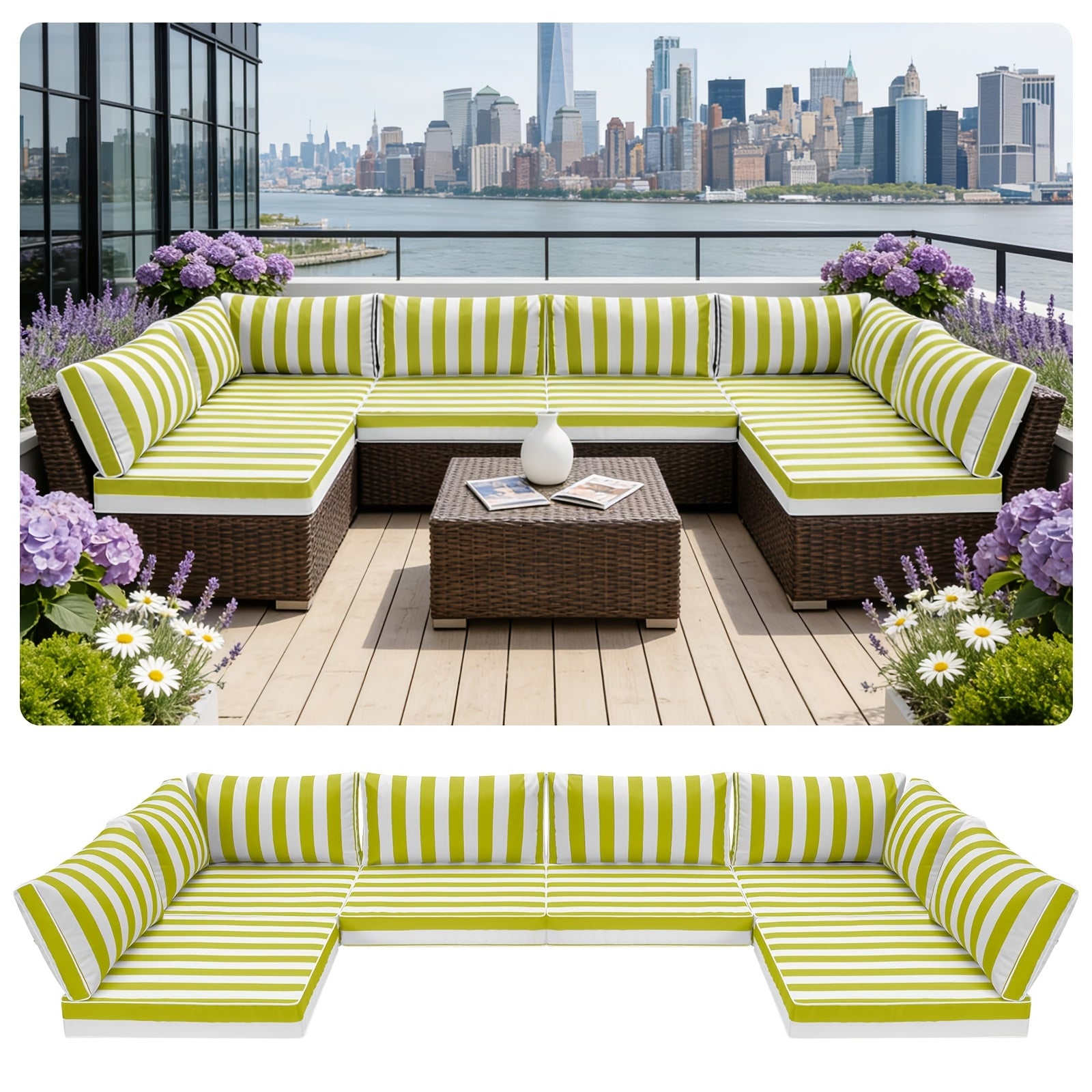 Outdoor Sectional Cushions, 14pcs Replacement Cushions for Patio Furniture, Water-Resistant Outdoor Sofa Cushion for 6-Seat Sectional Rattan Conversation Set