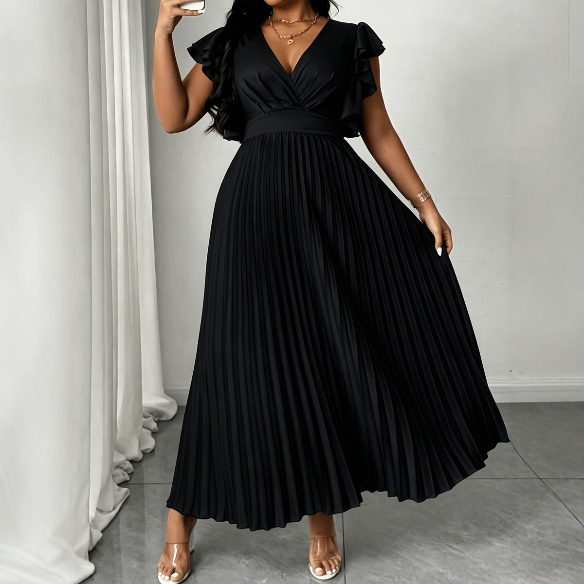 Plus-Size Elegant V-Neck Ruffle Midi Dress for Summer