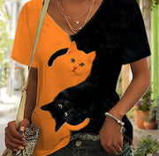 Cute Animal 3D Print V‑Neck Short‑Sleeve T-Shirt for Women