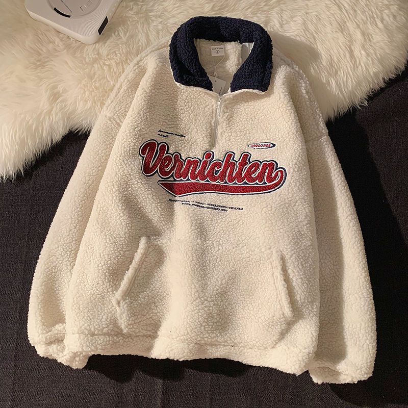 Cozy Retro Half-Zip Lambswool Hoodie with Embroidery