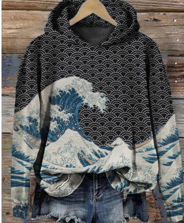 Plus Size Plum Blossom Hooded Casual Pullover