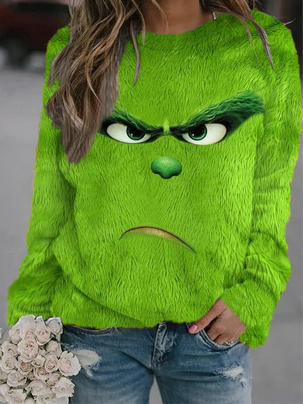 Green Fur Print Round Neck Loose Women's Pullover Sweater
