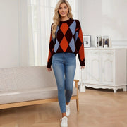 Comfortable and Warm Diamond Pattern Color Block Round Neck Long Sleeve