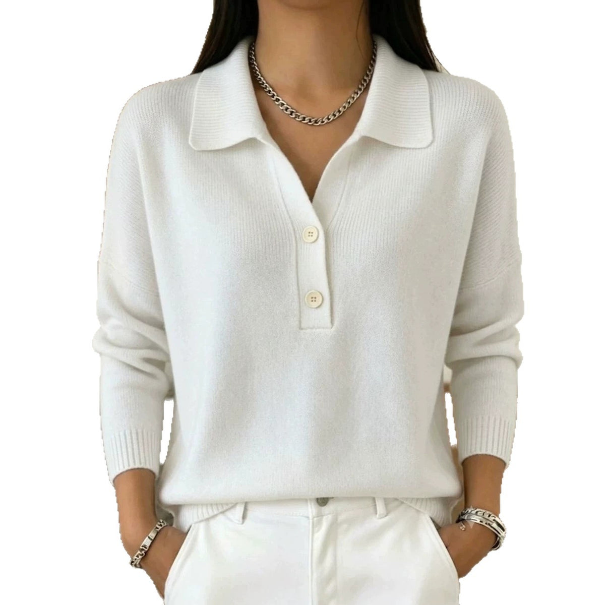 Women 's Polo Collar Knit Sweater Half Button V Neck Solid Color Loose Long Sleeve Elegant Trendy Casual Fall Winter Knit Top