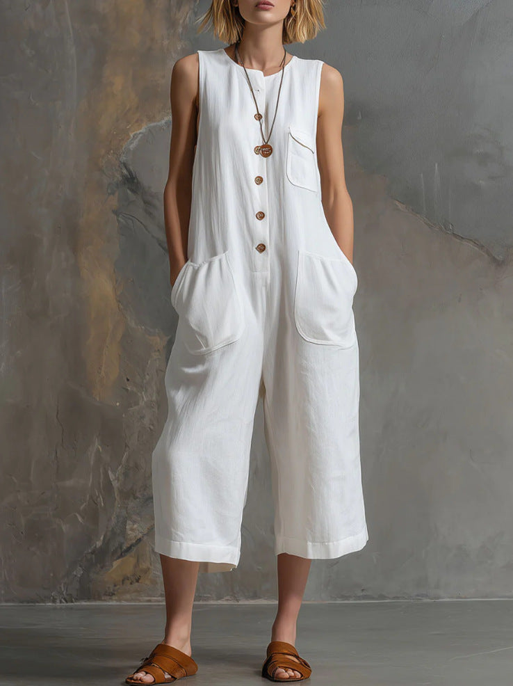 Retro Cotton-Linen Wide-Leg Cropped Jumpsuit