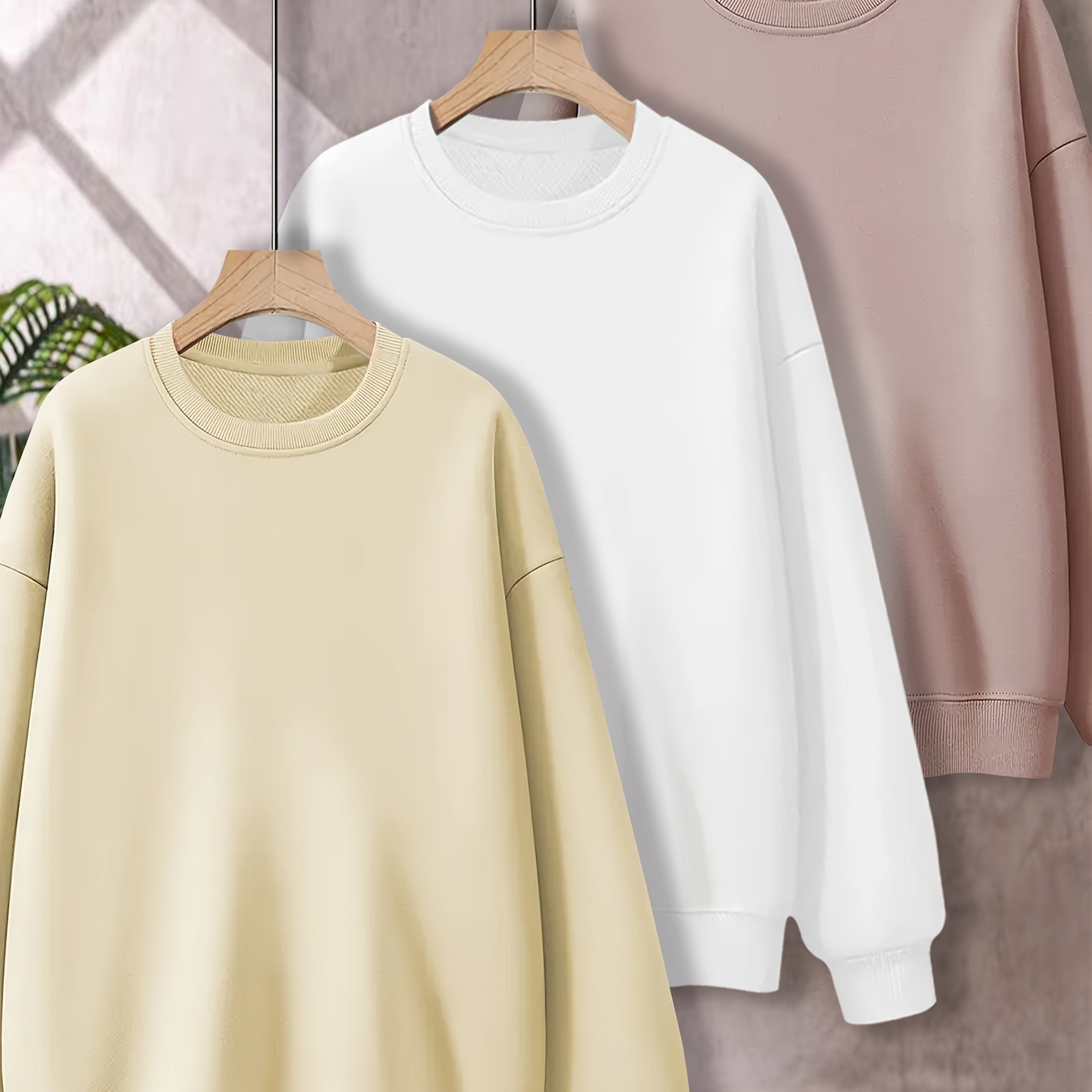 Plus Size 3‑Piece Sweatshirt Set – Women's Casual Crew Neck, Solid Color