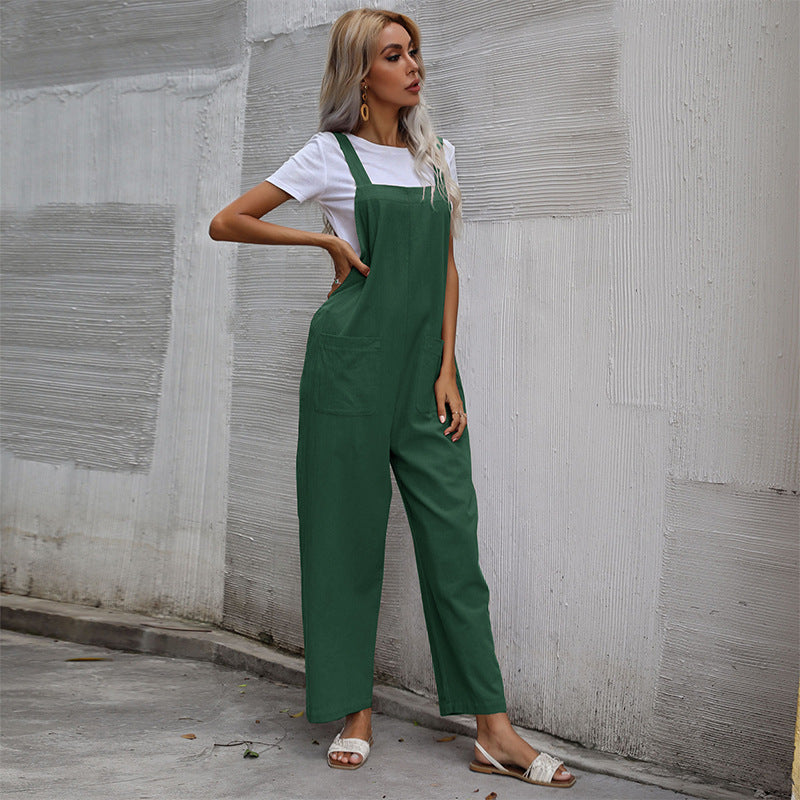 European And American Style Casual Simple Pocketed Sleeveless Suspender Jumpsuit