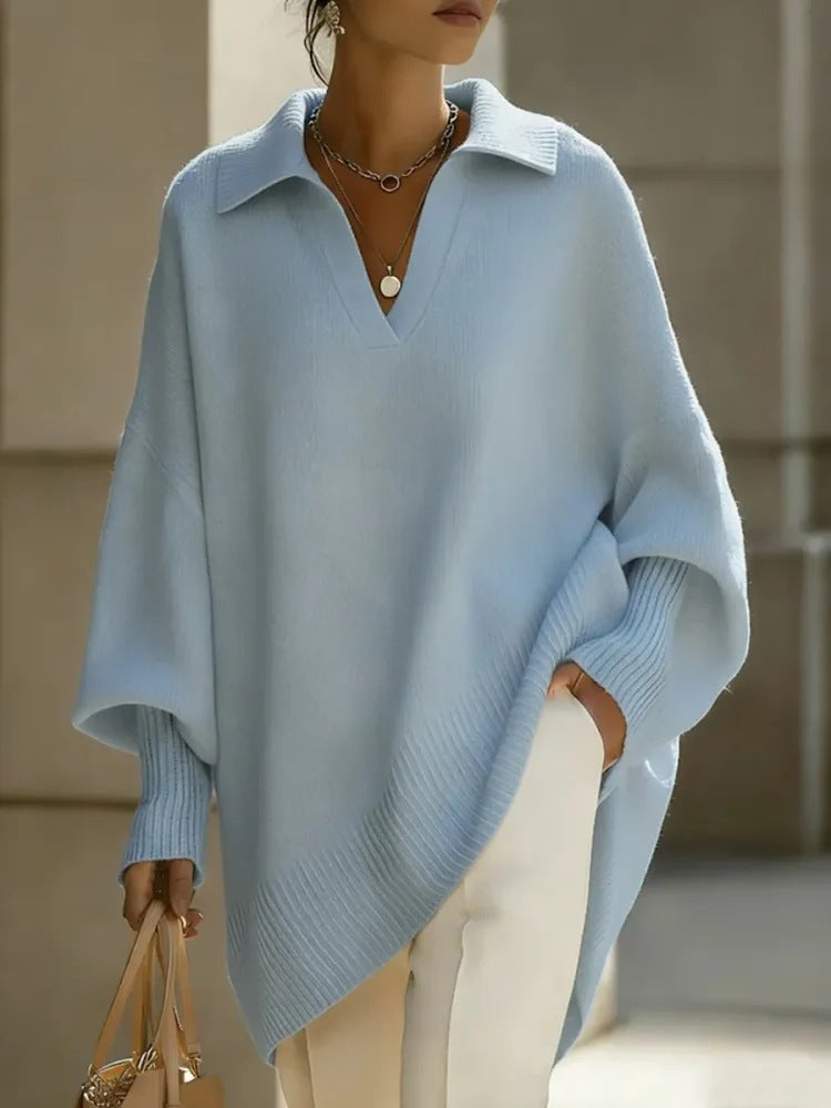 Lapel-collar Loose-fit Solid-color Sweater with Lantern Sleeves
