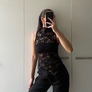 Slim-Fit Sheer Ribbon Tank Top – Chic Black Lace Detail
