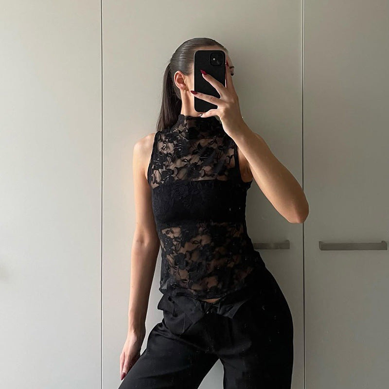 Slim-Fit Sheer Ribbon Tank Top – Chic Black Lace Detail