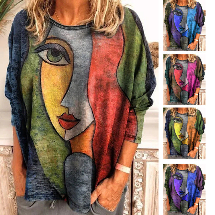 Artistic Face Print Long Sleeve Tee for Autumn