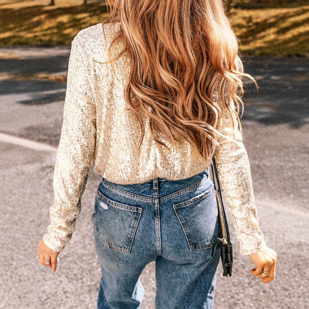 Glam Sequin V-Neck Long-Sleeve Bodysuit