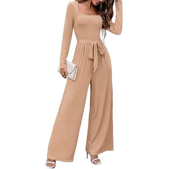 Chic Square-Neck Long-Sleeve Wide-Leg Jumpsuit with Belt
