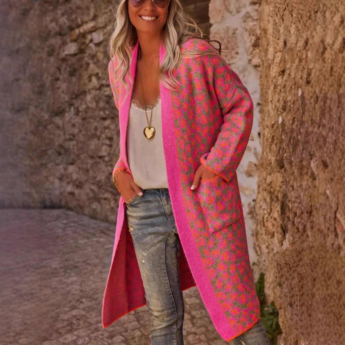 Contrast Color Leopard Print Long Knitwear Fashion Retro Pocket Sweater Women's Coat