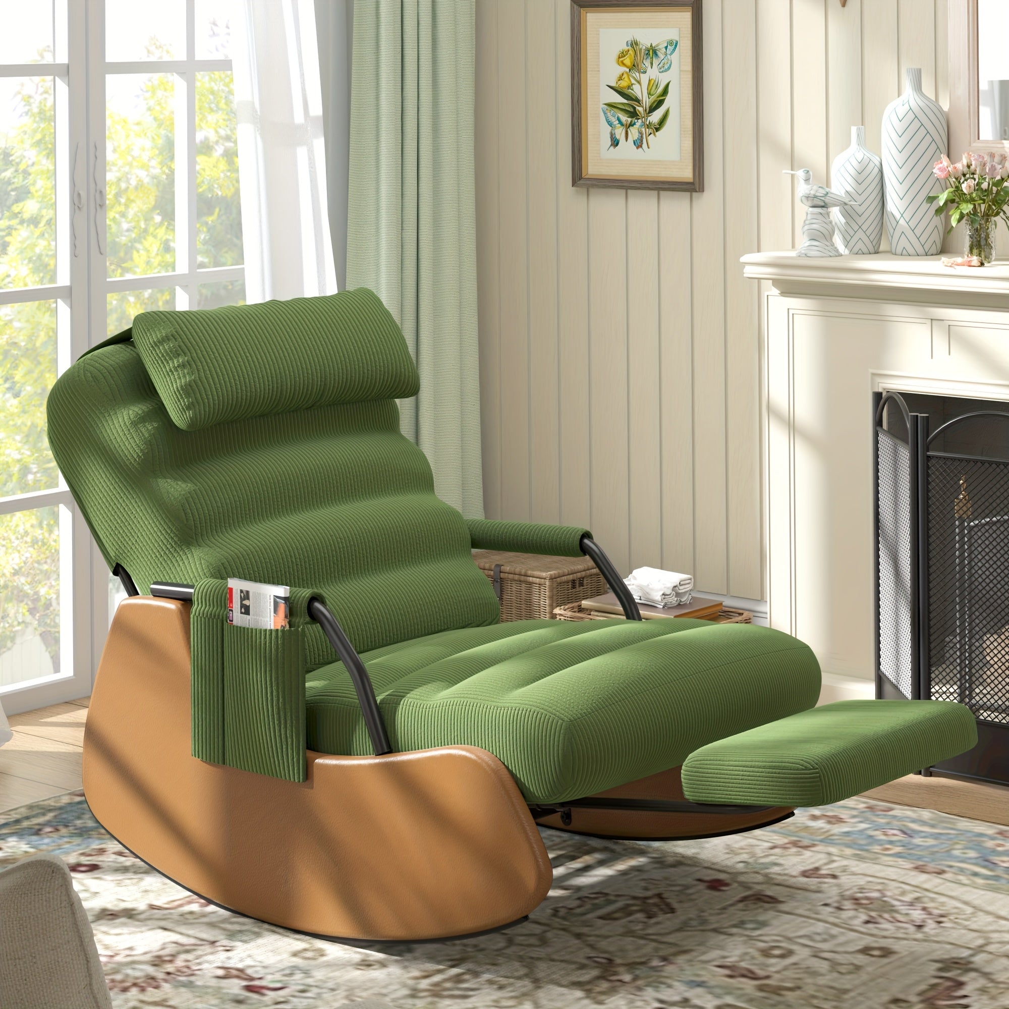 Nursery Glider Rocking Chair with Soft Cushioned Seat and Headrest, Corduroy Upholstery, Manual Rocker, Side Pocket – Dark Grey/Black