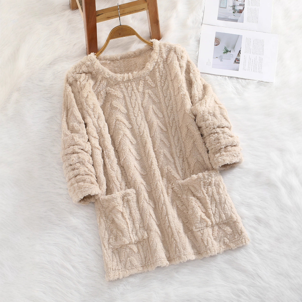 Teddy Fleece Jacquard Long-sleeve Casual Sweatshirt for Autumn and Winter Fluffy and Warm with Pocket Hood